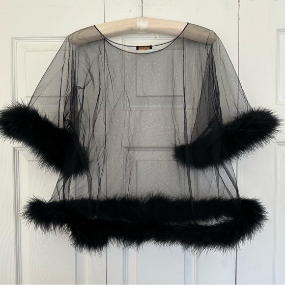 Rosamosario Tops - Rosamosario Black Marabou and Tulle Sheer Top Lingerie as Outerwear